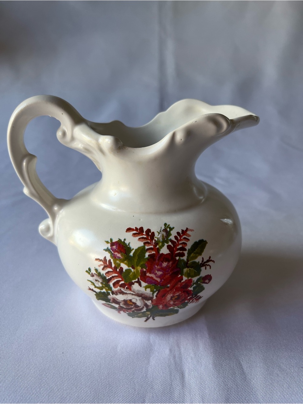 Vintage Cream Ceramic Pitcher with Ruffled Rim & Rose Floral Decal